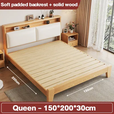 【In Stock-ships within 24H】Katil Queen Solid Wood Bed Frame With Headboard Soft Package Wooden Bed Kayu Rangka Super Single/King Bed 实木床