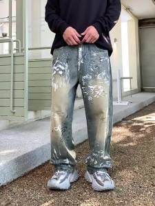 New Graffiti Printed Baggy Jeans For Men Y2K Vintage Distressed Blue Harajuku Denim Pants High Street Straight-leg Jean Trousers