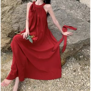 French-style for Women Vacation-inspired Halter Neck Red Dress Long Dress for A Beach Vacation Vibe #COD
