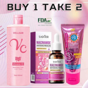 [Buy 1 Take 2] AVE FDA Approved VELLSAR Pink 500Ml Vitamin C VC Toner 30Ml Niacinamide Hyaluronic Acid Serum + Vellsar Sunscreen