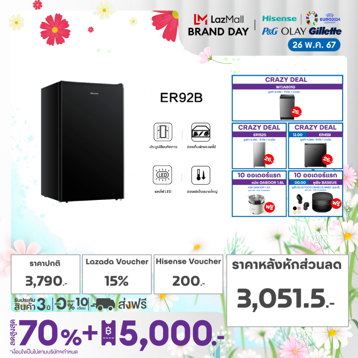 [Pre- sale ของเข้า 5 มิ.ย.] Hisense ตู้เย็น 1 ประตู 3.4 Q/96 ลิตร รุ่น ...