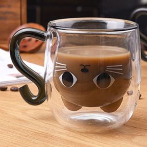 KECTTIO Cartoon Cat Coffee Mugs Double-Walled Glass Water Cups Insulated Cute Espresso Coffee Cups Summer