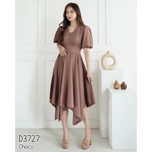 Mihar store / COD 3727 - Dress babydoll asimetris leher V senorita polos lengan pendek balon / Midi dress wanita korean style casual pesta kondangan cantik terbaru