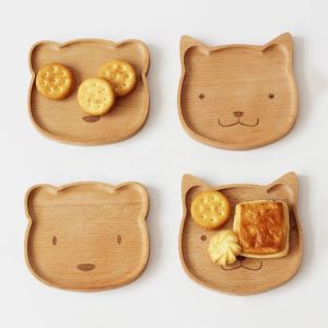 CEMOMEF Solid Wood Cartoon Dinner Tray Cute Odorless Wood Food Dishes Multiple Styles Animal Pattern Childrens Rice Plate Fruit