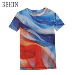 REHIN Summer Fashion Mesh Printed Short Sleeve Round Neck T-shirt Slimming Trendy Blouse For Women