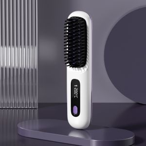 MECOME USB Charging Hair Straightener Brush 360°Anti-Scald Cordless Ionic Straight Hair Comb Fashion LED Temperature Display Ceramic  Comb for Women