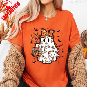 [Local Stock] VCC Cute Ghost Halloween Shirt Pumpkin Bow Spooky Season Tee Fall Aesthetic Pumpkin T-Shirt Women Aesthetic Clothes Short-sleeve