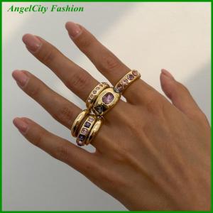 AngelCity Fashion Store 6Pcs Inlaid Purple Zircon Adjustable Opening Ring Set Women Smooth Gold Color Ring For Female Daily Jewelry Accessories Gift