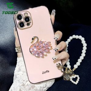 Luxury 3D Shiny Glitter Crystal Diamond Swan Pearl Bracelet Phone Case Soft TPU Back Cover For Apple iPhone 15 Pro Max 15 Plus iPhone 14 Pro Max 14 Plus 13 Pro Max 13 mini 12 mini 12 Pro Max 11 Pro Max iPhone XS Max XR SE 7 Plus 8 Plus 6 Plus 6S Plus