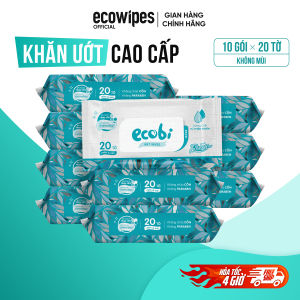 Thùng 10 gói khăn giấy ướt cao cấp an toàn cho bé Ecobi Ecowipes gói 20 tờ 110g không mùi không cồn không parabens