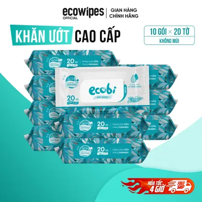 Thùng 10 gói khăn giấy ướt cao cấp an toàn cho bé Ecobi Ecowipes gói 20 tờ 110g không mùi không cồn không parabens
