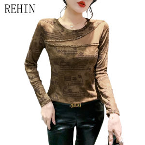 REHIN Spring Fashion Printed Round Neck Mesh T-Shirt Long Sleeve Trendy Designed Studded Flocking Small Shirt Women blouse