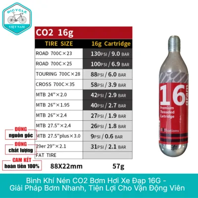Bình Khí Nén CO2 Bơm Hơi Xe Đạp 16G – Giải Pháp Bơm Nhanh Tiện Lợi Cho Vận Động Viên