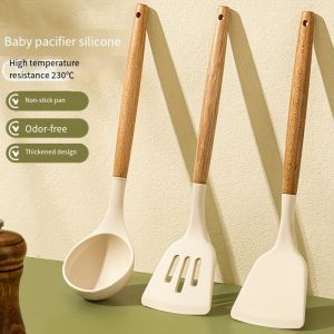 3PCS White/Black/Pink Silicone Kitchenware Cooking Utensils Set Wooden Handle Non-Stick Spatula