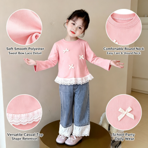 AILEBE Kids Tops Korean Style Long Sleeve Blouse With Lace Soft Smooth Polyester Easy Care Elegant Casual Top Perfect For School Parties Daily Wear Girls 1-8 Years