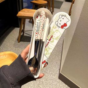 CUNXIN Stainless Steel Chopsticks Three-piece Set Anime High-looking Kitty Fork Dinnerware Set Exquisite Cartoon Spoon Kitchen