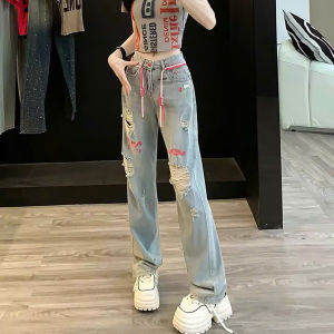 YOK_ Quần baggy Jean rách cá tính quần Jean rách họa tiết chữ hồng ống suông lưng cao wash sáng rách mạnh