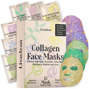 LivaClean 12 CT Face Masks Skincare - Collagen Sheet Mask - Hydrating Face Masks Bulk with Glycerin Hyaluronic Acid Aloe Vera - Soothing Refreshing Moisturizing Formula for All Skin Types