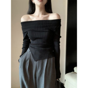 Womens knitted halterneck top solid color leisure one-neck long-sleeved T-shirt
