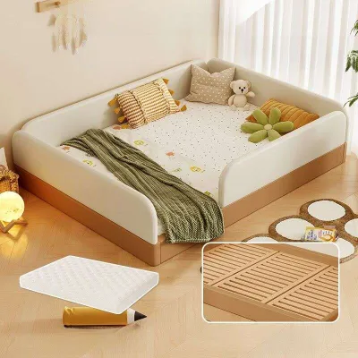 Kids Floor Bed Children Bed Baby Montessori Bed Children Bedframe Tatami Floor Bed Kids Modern Simple Style Solid Wood Childrens Bed with Guardrail Tatami Kids Bedroom Furniture Small Apartment