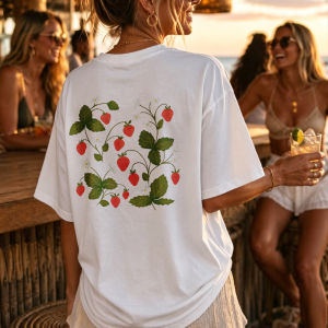 [Local Stock] HBESTY  Strawberry Botanical Floral Cotton T-Shirt Short Sleeve Relaxed Fit Red Strawberries Green Leaves White Flowers Vine Pattern Top