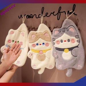 Sporter ผ้าขนหนูเช็ดมือรูปแมวน่ารักผ้าเช็ดทำความสะอาดห้องครัวแห้งเร็วผ้ากำมะหยี่ลายการ์ตูนสัตว์ที่แขวนอยู่ในห้องน้ำ