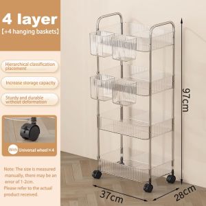 2/3/4-Layer Transparent Snack Trolley Cart With Wheels Movable Home Storage Kitchen Storage Trolley Rack