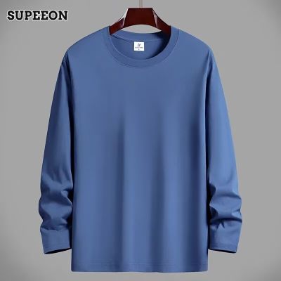 Men's cotton solid color long sleeve T-shirt with thick round neck loose long sleeve base shirt