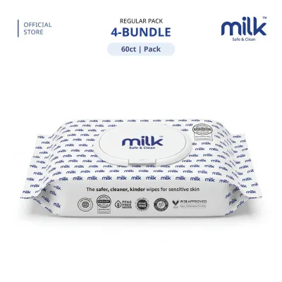 MILK Baby Water Wipes Regular Pack 60s | 99.9% Pure Water | Safe for Face & Mouth [4 Packs]