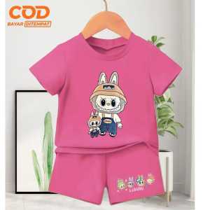 Setelan atasan anak Kaos dan Celana usia 1-10 tahun bergambar Labubu The Monster bahan Babyterry