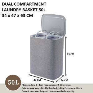 ⭐SG⭐ Double Laundry Basket with Lid & Handles | 2 Compartment Clothes Basket | Foldable Laundry Basket | 50L & 90L