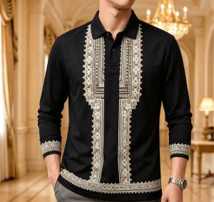 Barong Tagalog for Men Modern Long Sleeves Polo for Men Fashion Casual Breathable Dry Fit Polo Shirt for Men Formal Sun Protection Begin Polo T-shirts