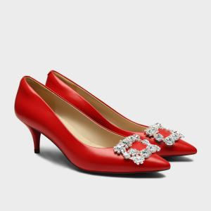 HOPE ROZA (ROSA) - MARYLYN Women Pointed Toe Kitten Heel Pump - Soft Leather Heels With Crystal Buckle for All Year Round Occasion - Red