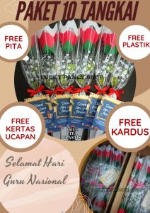PAKET 10 TANGKAI BUKET BUNGA MAWAR MERAH FLANEL BUCKET ROSE PALSU DENGAN FLANNEL PLASTIK PITA TERMURAH