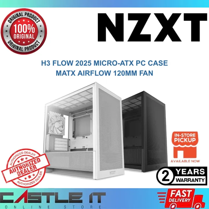 NZXT H3 Flow 2025 Micro-ATX PC Case mATX Airflow 120mm Fan Black White