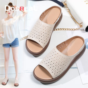 DOSREAL รองเท้าแตะฤดูร้อนสำหรับผู้หญิง Retro รองเท้าแตะหนัง Hollow เปิดลื่นสไลด์รองเท้าแตะ Casual สุภาพสตรีรองเท้าขนาดใหญ่41