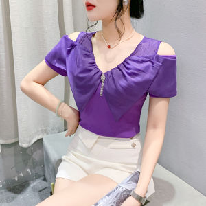 Yimei 2024 Thiết Kế Cảm Giác Nối Cung Đảng áo đỏ Cotton Hở Vai Thời Trang Ruffle Cạnh Áo Phông Cổ Chữ V Của Phụ Nữ Mùa Hè phong cách mới