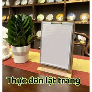 <SST>Bảng menu đa trang cho quán trà sữa/bia - khung gỗ óc chó + kim loại kẹp kim loại chắc chắn bìa PVC trong suốt