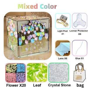 FR Creative Magic Cube Tulip Night Light Handmade DIY Flower Sea Atmosphere Light Acrylic Mirror Three-dimensional Ornament Gift (20 Flowers)