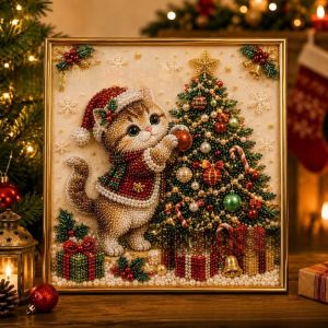 NEXTYOO 1 Set 3D Pearl Effect Diamond Painting Art Kit Christmas Kitty Theme Handmade Christmas Kitty Art Kit Durable DIY Pearl Art Kit Christmas Craft Decoration