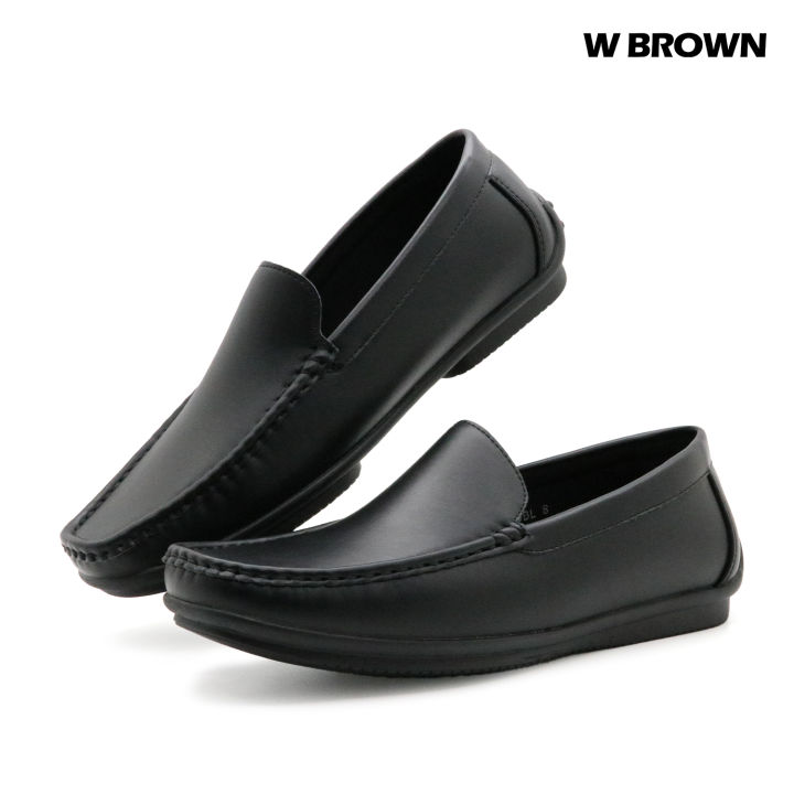 W BROWN Essential Black Leather Loafers Classic Style Slip-On