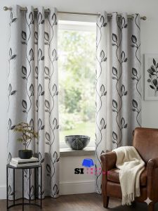 Modern Vine Eyelet Smi- Blackout Curtains – Elegant Silver &leaves Design premium grommet-top curtains
