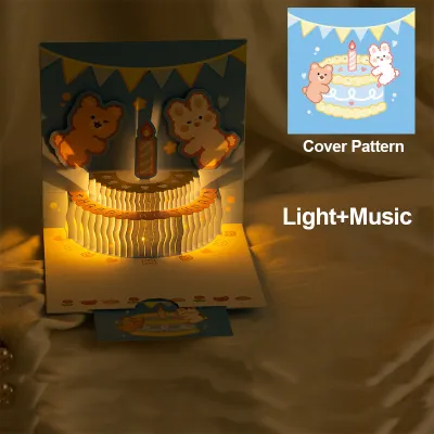 3D Music Card Pop Up Cake Musical Light Greeting Card Cute Bear Cartoon Happy Birthday Party Gifts Message Cards