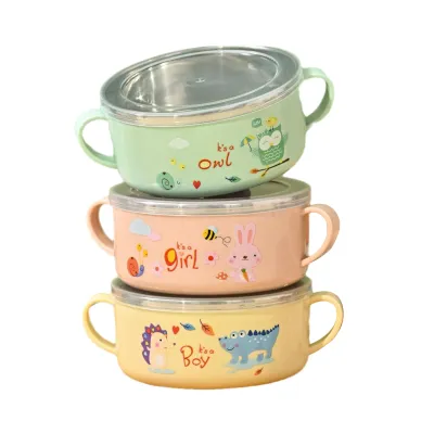 Stainless Steel Double Layer Insulation Kid Bowl with Lid / Stainless Steel Children Lunch Box 325ml