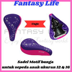 Fantasy Sadel sepeda anak cewe ban 12 dan 16 motif bunga warna pink dan ungu merk inter