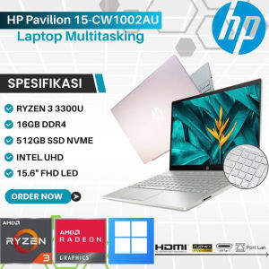 ( New Series ) Laptop Multitasking HP Pavilion 15-CW1002AU AMD Ryzen 3-3300U 16GB 512GB SSD 15.6" FHD Amd Radeon Windows 10 Baru Bergaransi