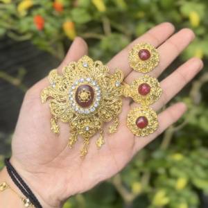 Set Bros Gada Resin Permata Zircon Pin Aksesoris Perhiasan Baju Adat Kebaya Hijab Alpaka Anting + Cincin + Bros Jewellery