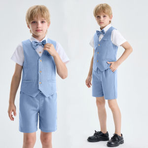 LOlanta 4Pcs Boys Linen Suit Summer Gentleman Outfit Kids Vest Shirt Shorts Bowtie Set for Beach Wedding Graduation 5-12Years