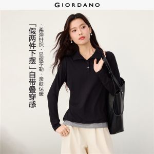 Giordano Beau Monde Women Fake two-piece contrast hem slim polo shirt Free Shipping 13316605