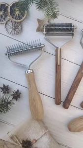 AU Lược chải lông thú cưng thép không gỉ 2 trong 1 cán gỗ lược gỡ rối cho chó dụng cụ cạo lông cho mèo đồ dùng vệ sinh thú cưng